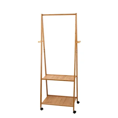 Artiss Bamboo Clothes Rack Airer Coat Stand with Wheels - 2-Tier Shelves, 4 Hooks, 165x59cm, Mould-Resistant Finish