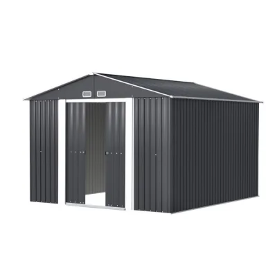 Giantz 3x3M Garden Shed Outdoor Storage Workshop, Galvanised Steel, Double Sliding Doors, Lock, Air Vents, Grey