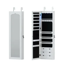 Artiss Jewellery Cabinet LED Mirror Lockable, MDF, 36x11x120cm, White/Black, Ample Storage, Wall-Mountable