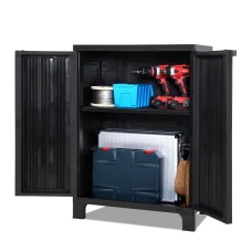 Gardeon 92cm Lockable Outdoor Storage Cabinet, Weather-Resistant Plastic, Adjustable Shelves, Black, for Garden & Garage