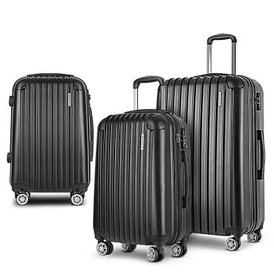 Wanderlite 10-pc Travel Set: 20-24-28" Black Luggage with TSA Locks, Hard Shell, & 6 Organisers - Lightweight & Durable