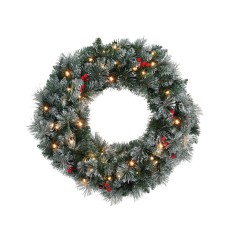 Jingle Jollys 60cm Pre-lit Christmas Wreath with LED Lights, Snowy Pine Needles and Red Berries, Indoor Outdoor Decor