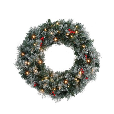 Jingle Jollys 60cm Pre-lit Christmas Wreath with LED Lights, Snowy Pine Needles and Red Berries, Indoor Outdoor Decor