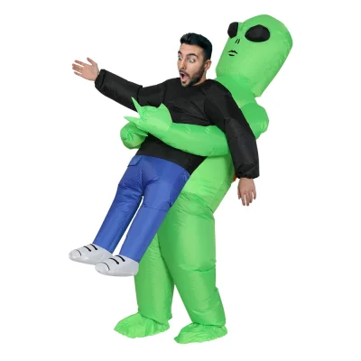 Inflatable Green Alien Costume for Adults - 1.95m Polyester Suit with Fan System, Battery/USB Powered
