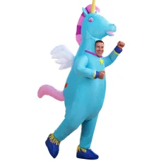 Adult Inflatable Unicorn Costume - 2.2m Blue Polyester Suit with Fan System for Halloween & Cosplay Fun