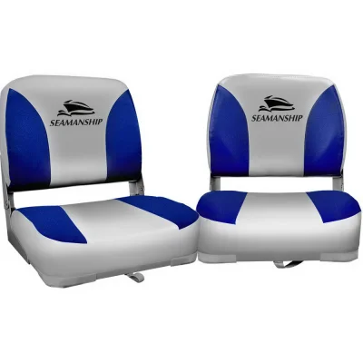 Seamanship 2X Folding Boat Seats, Premium Plastic, 13cm Padding, Grey Blue, UV & Saltwater Resistant, Swivel Base