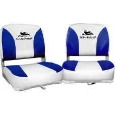 Seamanship Folding Boat Seats, Premium Plastic & UV-Resistant PVC, 13cm Padding, White/Blue, Set of 2 with Swivel Base