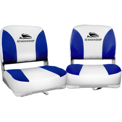Seamanship Folding Boat Seats, Premium Plastic & UV-Resistant PVC, 13cm Padding, White/Blue, Set of 2 with Swivel Base