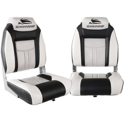 Seamanship 2X Folding Boat Seats, High Back, Grey/Black, 43x38x60cm, Swivel, Weatherproof, Saltwater & UV Resistant