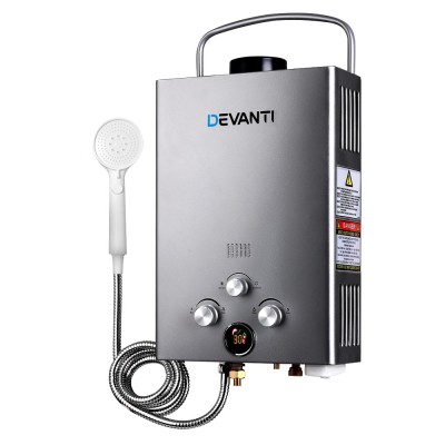 Devanti Portable LPG Gas Water Heater, 8L/min, Grey - Outdoor Shower Solution with LED Display & Safety Features