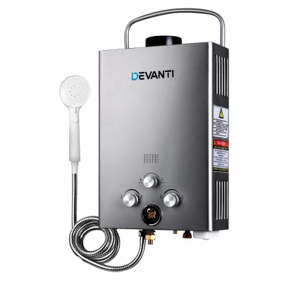 Devanti Portable LPG Gas Water Heater, 8L/min, Grey - Outdoor Shower Solution with LED Display & Safety Features