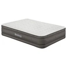 Bestway Queen Air Mattress - 46cm Flocked Surface, I-Beam Construction, Rapid Inflation with Built-In Pump, Grey