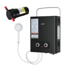 Devanti Portable LPG Gas Water Heater with Pump, Black – Outdoor Shower System, Adjustable Temp, LED Display, 60°C Max
