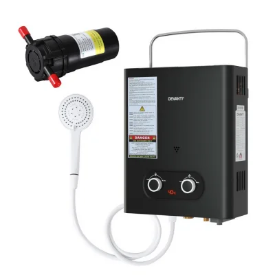 Devanti Portable LPG Gas Water Heater with Pump, Black – Outdoor Shower System, Adjustable Temp, LED Display, 60°C Max