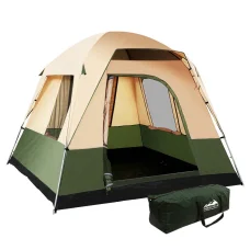 Weisshorn 4-Person Camping Tent - Water-Resistant, UV Protection, Polyester Fly, Fibreglass Poles, Green & Beige