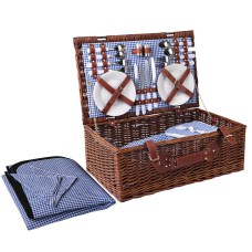 Alfresco 4 Person Picnic Basket Set, Wicker & PU Leather, 54x34x20cm, Brown & Blue, Insulated Cooler & Blanket Included
