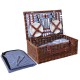 Alfresco 4 Person Picnic Basket Set, Wicker & PU Leather, 54x34x20cm, Brown & Blue, Insulated Cooler & Blanket Included