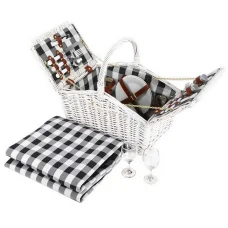 Alfresco 2 Person Picnic Basket Set, Willow & Faux Leather, 36x22x38cm, White, Insulated Blanket, Outdoor Essentials