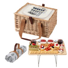 Alfresco 2 Person Willow Picnic Basket Set with Wooden Wine Table, Insulated Cooler, Blanket, Cutlery – 40x30x20cm