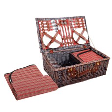 Alfresco 4 Person Picnic Basket Set, Willow & Faux Leather, 54x34x20cm, Red Blanket, Insulated Bag, Outdoor Fun