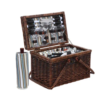 Alfresco 4 Person Picnic Basket Set, Willow & Faux Leather, Brown, 39x25x27cm - Insulated Bag & Cutlery Included