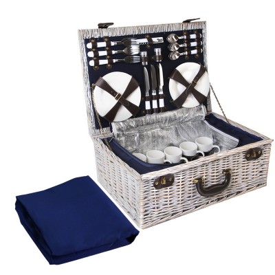 Alfresco 6-Person Picnic Basket Set, Willow, Navy, 54x38x20cm, Insulated Bag, Blanket, Plates, Cutlery Included
