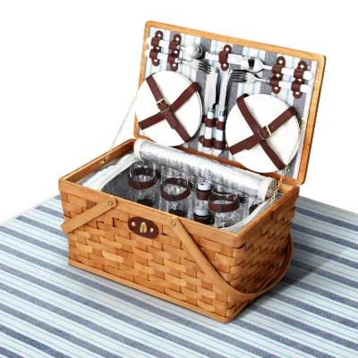 Alfresco 4-Person Picnic Basket Set, Wood & Faux Leather, Blue, 45.8cm, Insulated Bag & Blanket, Outdoor Family Fun