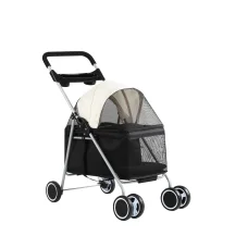 i.Pet Pet Stroller Pram: Foldable, Steel Frame, 360° Wheels, Water-Resistant Oxford Fabric, 15kg Capacity, Black/White