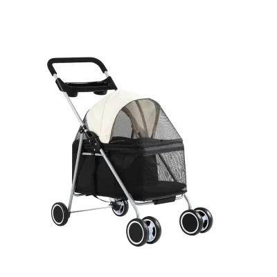 i.Pet Pet Stroller Pram: Foldable, Steel Frame, 360° Wheels, Water-Resistant Oxford Fabric, 15kg Capacity, Black/White