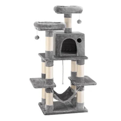 i.Pet 145cm Cat Tree Tower in Light Grey - Durable Sisal Scratching Posts, Plush Velvet, Multi-Level Condo & Play Areas