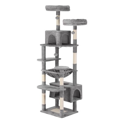 i.Pet 184cm Cat Tree Tower Condo - Light Grey Plush Velvet, Sisal Posts, Multi-Level with Perches & Hanging Ball