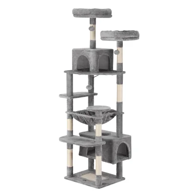 i.Pet 184cm Cat Tree Tower Condo - Light Grey Plush Velvet, Sisal Posts, Multi-Level with Perches & Hanging Ball
