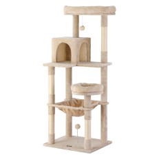 i.Pet 143cm Cat Tree Tower in Beige - Plush Velvet, Sisal Posts, Multi-Level Condo with Toys for Scratching & Lounging
