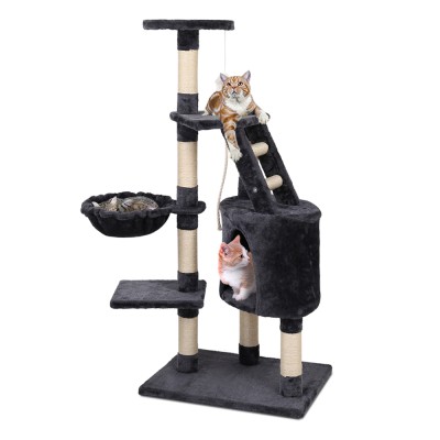 i.Pet 120cm Cat Tree Tower - Dark Grey Wood Condo with Sisal Scratching Posts, Plush Velvet, Ladder & Hammock i.Pet 120cm Cat Tree Tower - Dark Grey Wood Condo with Sisal Scratching Posts, Plush Velvet, Ladder & Hammock