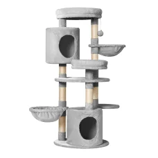 i.Pet Cara 123cm Cat Tree Tower - Plush Velvet, Sisal Posts, Wood Condo, Hammocks, Stable Base, Light Grey