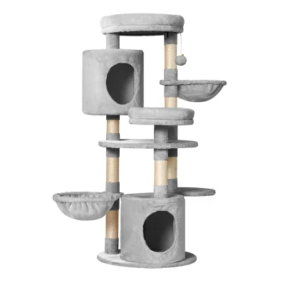 i.Pet Cara 123cm Cat Tree Tower - Plush Velvet, Sisal Posts, Wood Condo, Hammocks, Stable Base, Light Grey