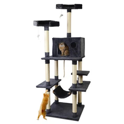 i.Pet Casey Cat Tree 184cm - Multi-Level Dark Grey Tower, Plush Velvet, Sisal Scratching Posts, Hammock & Bed Cube