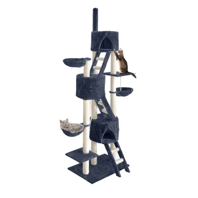 i.Pet 244cm Cat Tree Tower - Grey Condo with Sisal Scratching Posts, Plush Velvet, Multi-Level Play Areas, and Hammocks