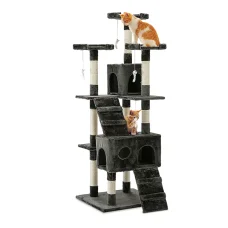 i.Pet 180cm Cat Tree Tower - Plush Velvet Condo, Natural Sisal Scratcher Poles, Multi-Level Playhouse, Grey