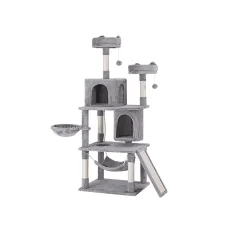 i.Pet 161cm Cat Tree Tower in Grey with Plush Velvet, Sisal Posts, Hammock, Cubicles & Stable Wooden Construction