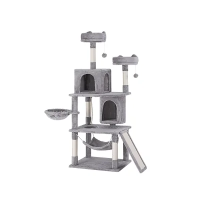 i.Pet 161cm Cat Tree Tower in Grey with Plush Velvet, Sisal Posts, Hammock, Cubicles & Stable Wooden Construction