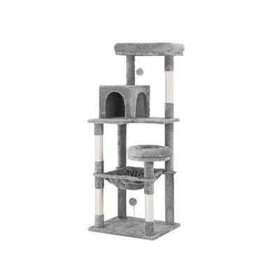 i.Pet 143cm Cat Tree Tower Condo - Grey Plush Velvet, Sisal Posts, Multi-Level, Stable Base, Hanging Ball Fun