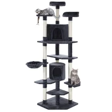 i.Pet 203cm Cat Tree Tower in Grey with Plush Velvet, Sisal Posts, Multi-Level Condo, Hammocks & Scratching Areas