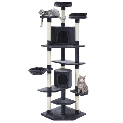 i.Pet 203cm Cat Tree Tower in Grey with Plush Velvet, Sisal Posts, Multi-Level Condo, Hammocks & Scratching Areas
