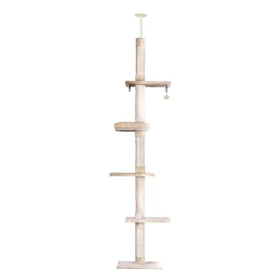 i.Pet Floor-to-Ceiling Cat Tree 290cm - Sturdy Wooden Tower with Sisal Posts, 5 Platforms, Plush Cover, and Hanging Toy