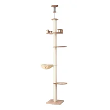 i.Pet 270cm Beige Cat Tree Tower: Floor-to-Ceiling Adjustable Scratching Post with Sisal, Plush Platforms & Stable Base
