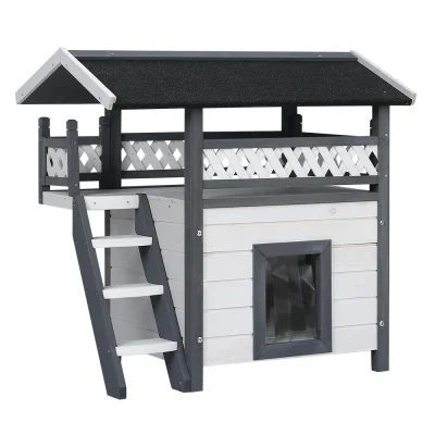 i.Pet Outdoor Cat House & Rabbit Hutch - 2-Level Fir Wood Shelter with Asphalt Roof, 77x50x73cm, Easy Access & Assembly