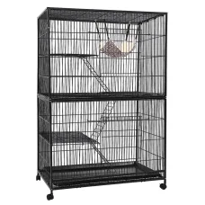 i.Pet Rabbit Cage 142cm Hutch - Multi-Level Metal, Anti-Rust, with Platforms, Ladders, Hammock & Wheels, Black