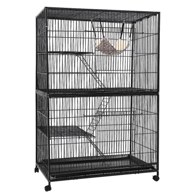 i.Pet Rabbit Cage 142cm Hutch - Multi-Level Metal, Anti-Rust, with Platforms, Ladders, Hammock & Wheels, Black