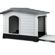 i.Pet Extra Large Outdoor Dog Kennel - Durable Grey Plastic Shelter with Extendable Side, Weatherproof & UV-Resistant
